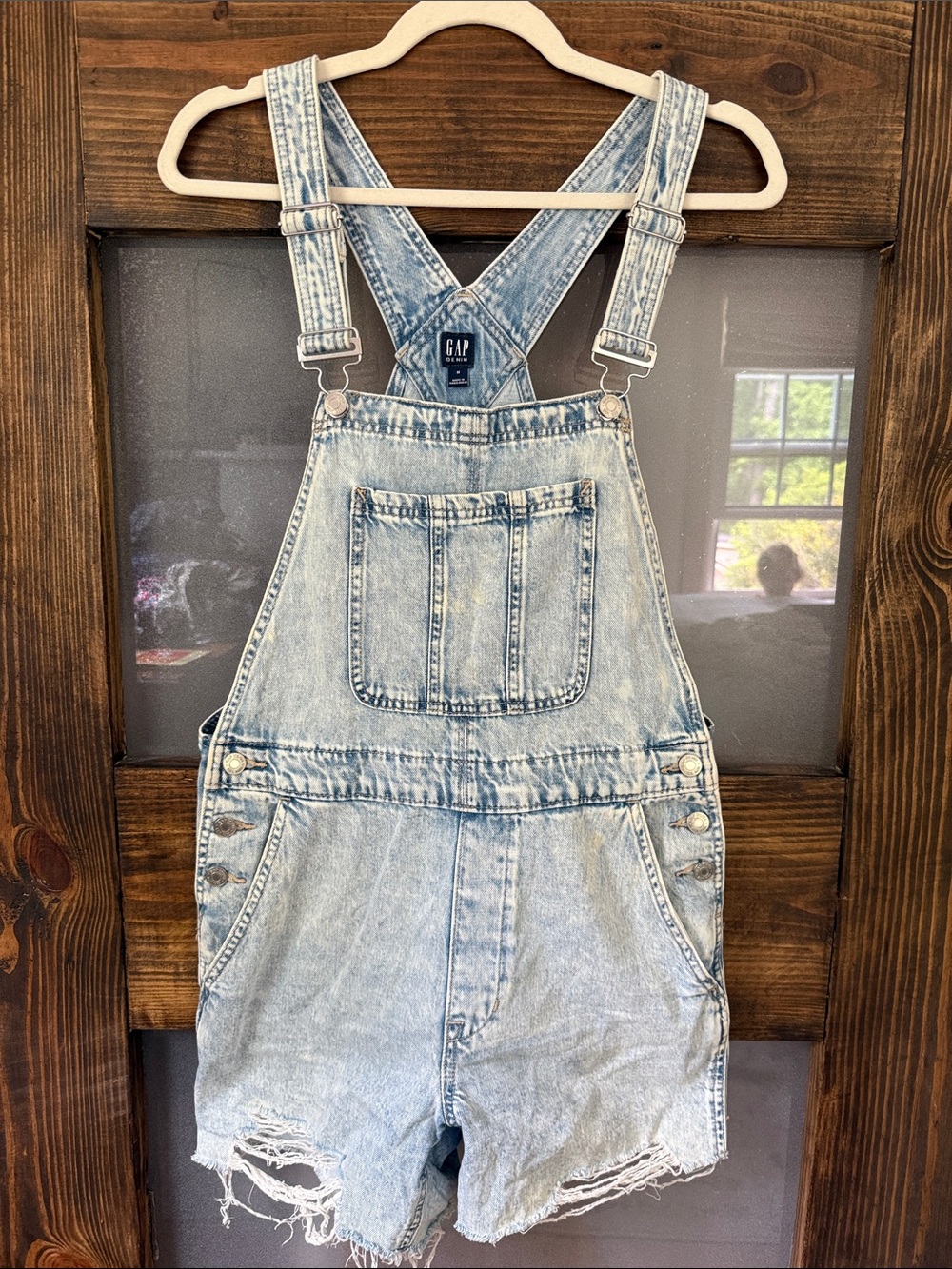 GAP Light Blue Distressed Denim Short Overalls